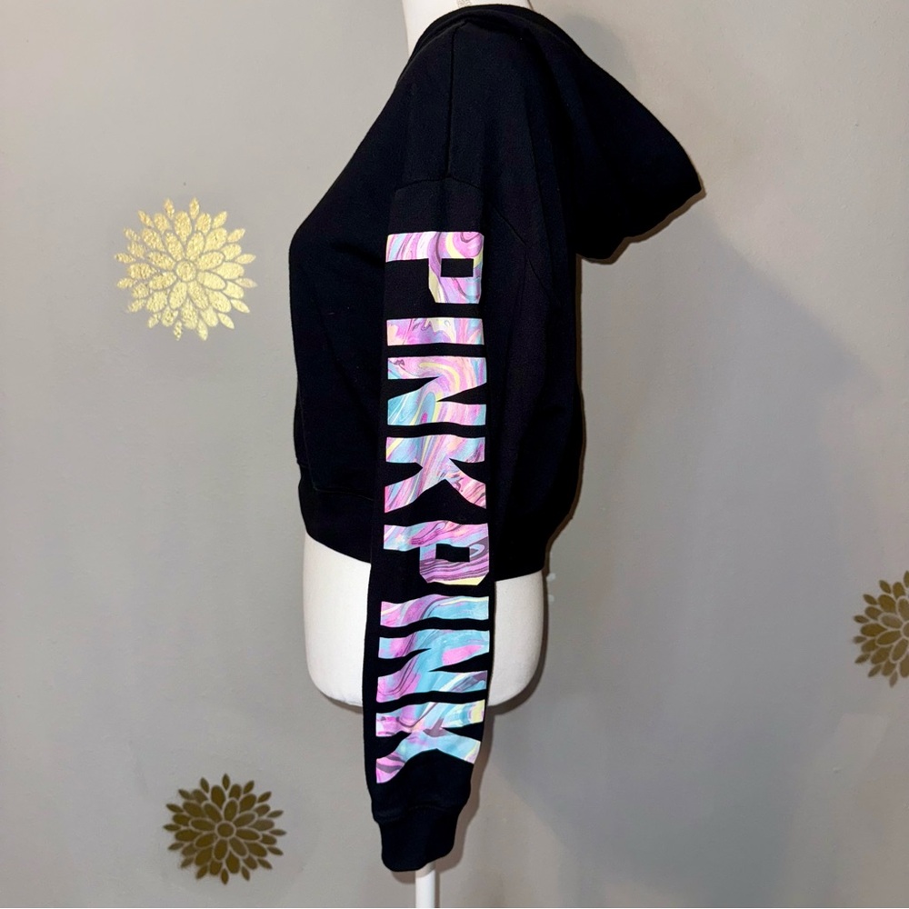 Victoria’s Secret Pink Brand Black Crop Hoodie Sweatshirt Women’s Chic Y2K‎ 90’s - Picture 4 of 9